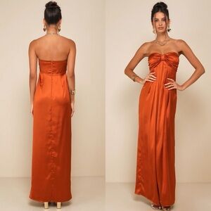 NWOT Lulu’s Memorable Entrance Rust Orange Strapless Satin Maxi Dress Size XS